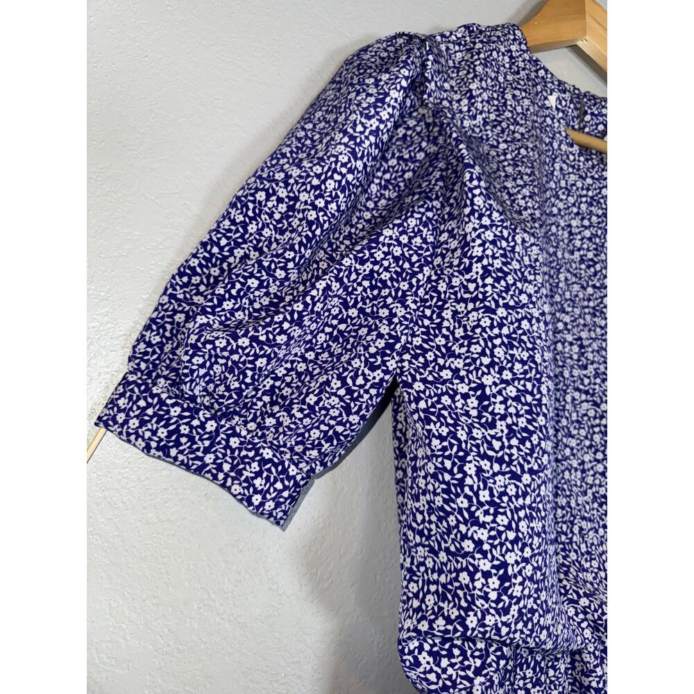 Vintage 80s Pleated Secretary Dress Sz 10 Midi Purple Floral Retro Short Sleeve - Picture 5 of 10